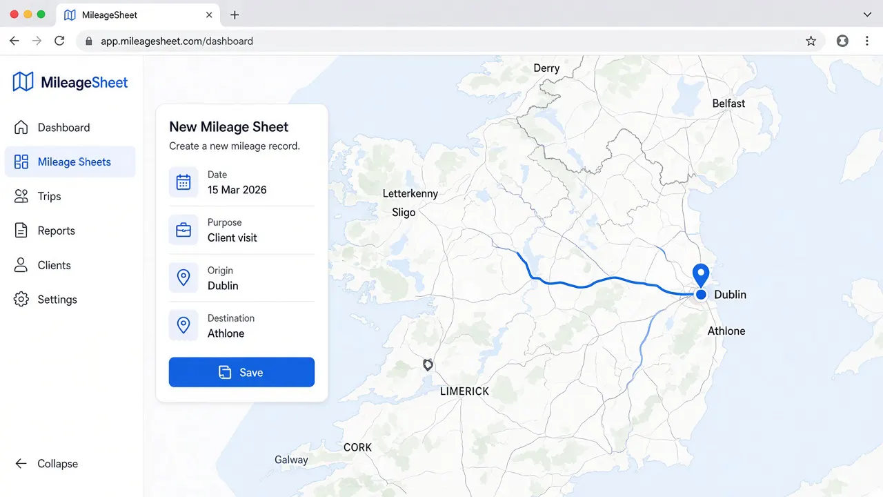 MileageSheet journey map with form overlay